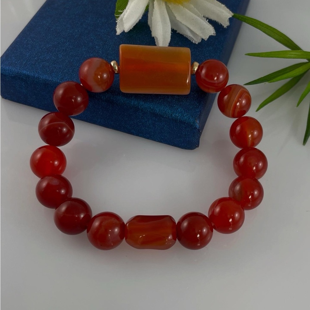 Red Stripe Agate & 14K Solid Gold, Healing Gemstone 10mm Beaded Bracelet